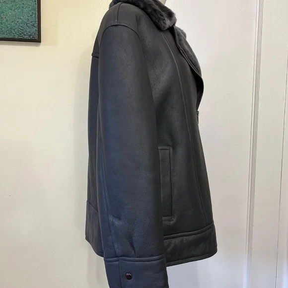NEW Theory Oversized Shiny Shearling Moto Leather Jacket - Picture 5 of 6